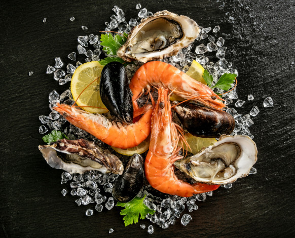 Обои картинки фото еда, рыбные блюда,  с морепродуктами, креветки, мидии, лимон, лед