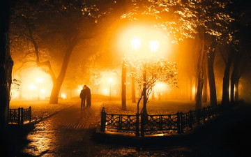 обоя разное, люди, пара, парк, деревья, фонари