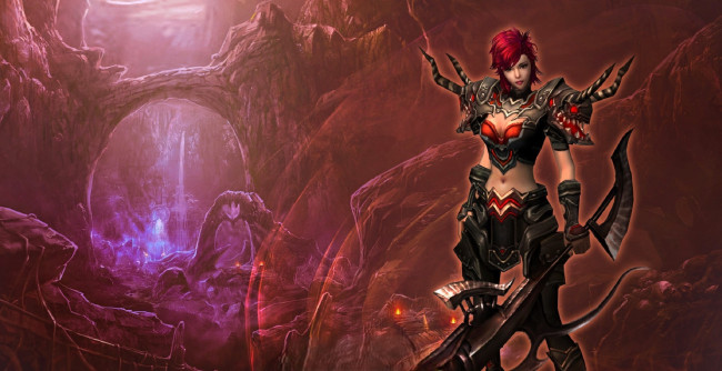 Обои картинки фото видео игры, mummy online, девушка, броня, оружие, скалы, мосты, река