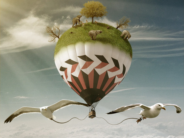 Обои картинки фото разное, компьютерный, дизайн, шар, птицы, звери