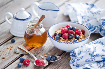 Картинка еда разное мед мюсли малина голубика