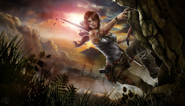 Картинка видео игры tomb raider 2013 lara croft арт море скалы закат
