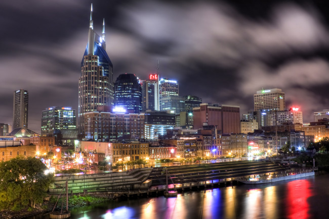 Обои картинки фото nashville, tennessee, города, огни, ночного, набережная, здания, ночной, город