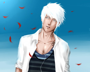 Картинка аниме -headphones+&+instrumental парень перья наушники тату белые волосы