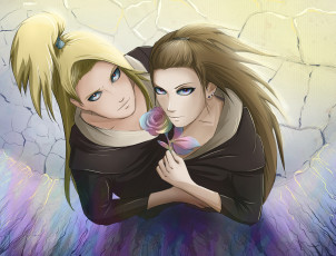 Картинка аниме naruto взгляды блондин парень шатенка пара арт роза трешины объятия