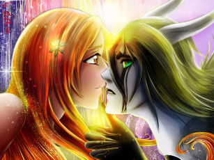 Картинка аниме bleach блич фан арт пара брюнет рыжая девушка парень любовь орихиме улькиорра шиффер пустой когти рога сияние