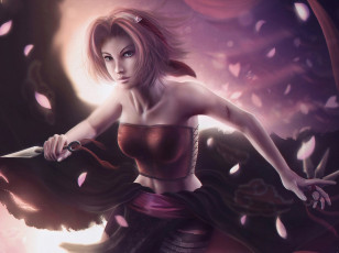 Картинка аниме naruto куноичи девушка кровь сакура арт свет лепестки топ царапина кунай