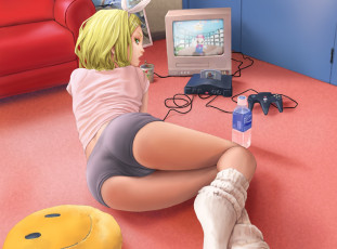 Картинка vocaloid аниме игра приставка попка спортивная форма взгляд kagamine rin девушка art pi super mario bros комната подушка вода вокалоид