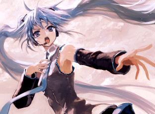 Картинка аниме vocaloid арт bob biyonbiyon hatsune miku девушка микрофон наушники поет галстук