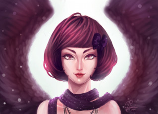 Картинка фэнтези ангелы бантик прическа волосы взгляд крылья ангел девушка арт фантастика