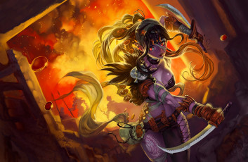 Картинка фэнтези существа сабля волосы девушка art бой размах