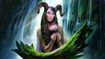 Картинка фэнтези существа радуга фантастика водопад цветок магия лес дух арт