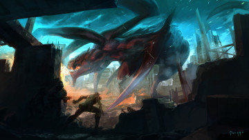 Картинка фэнтези существа солдаты руины монстр постапокалипсис иной мир