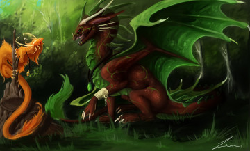 Картинка фэнтези драконы арт большой дракон маленький пень лес