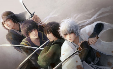 Картинка аниме gintama мужчины самураи sakata gintoki shiroyasha takasugi shinsuke katsura kotaro tatsuma sakamoto кровь красные глаза мечи