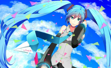 Картинка vocaloid аниме треугольники бумага облака love бумажный самолетик девушка слезы hatsune miku somezima арт