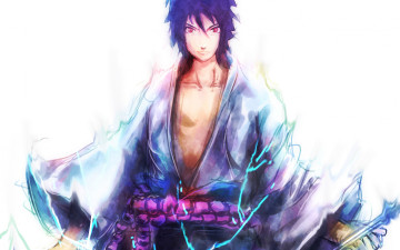 Картинка аниме naruto наруто арт саске учиха парень молнии чидори взгляд брюнет белый фон шаринган