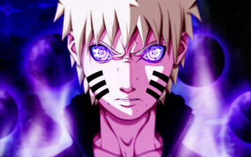 Картинка аниме naruto наруто узумаки риннеган арт парень глаза лицо взгляд злость шары сияние блондин полоски