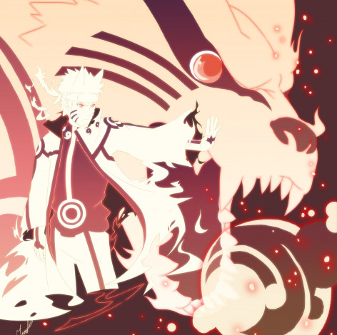 Обои картинки фото аниме, naruto, наруто, режим, кьюби, девятихвостый, арт, парень, блондин, узумаки, лис, сияние, искры, курама