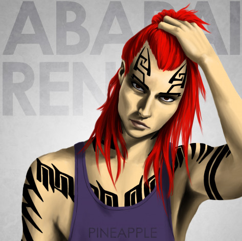 Обои картинки фото аниме, bleach, ренджи, абарай, блич, тату, взгляд, парень, красные, волосы, майка