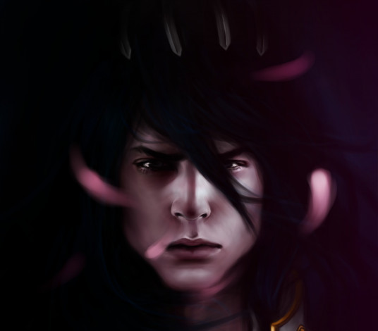 Обои картинки фото аниме, bleach, кучики, бьякуя, арт, капитан, шестой, отряд, парень, брюнет, взгляд, лепестки, лицо