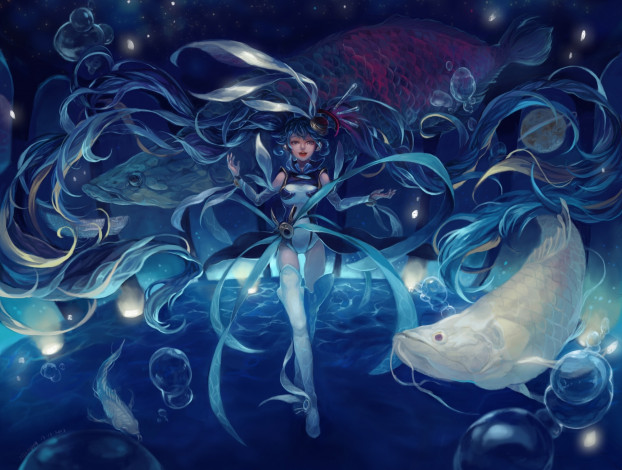 Обои картинки фото vocaloid, аниме, пузыри, рыбы, девушка, hatsune, miku, meniusa, арт, под, водой