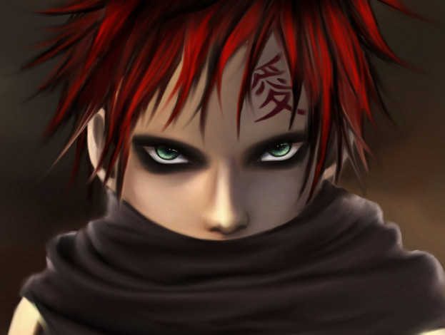 Обои картинки фото аниме, naruto, шарф, взгляд, тату, иероглиф, парень, sabaku, no, gaara