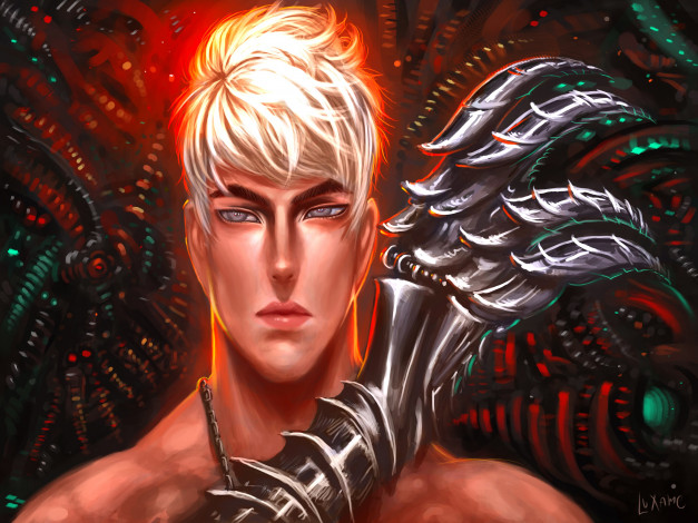 Обои картинки фото фэнтези, люди, блондин, рука, железная, парень, лицо