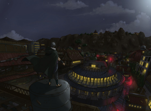 Обои картинки фото аниме, naruto, коноха, деревня, лист, ночь, небо, облака, дома, саске, учиха, свет, плащ, звёзды