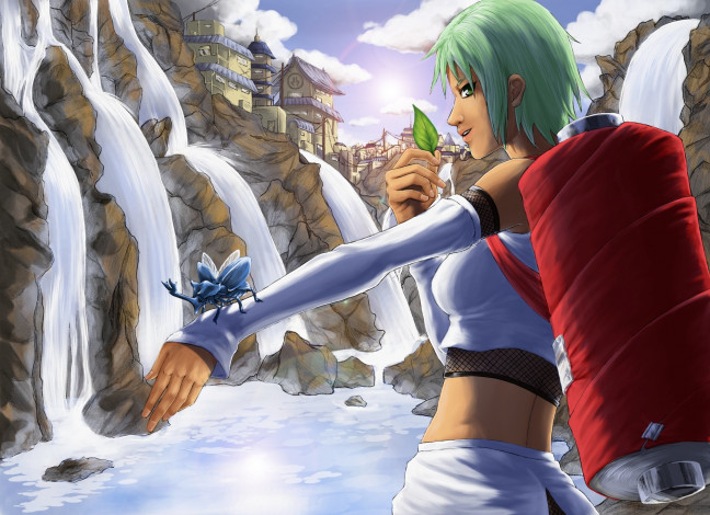 Обои картинки фото аниме, naruto, фан, арт, лист, девушка, джинчурики, насекомые, водопад, небо, облака, свиток, строения