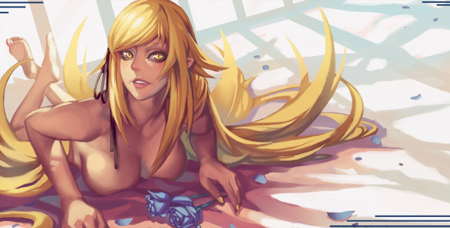 Обои картинки фото аниме, bakemonogatari, kissshot, acerolaorion, heartunderblade, девушка, madyy, art, розы, лепестки, грудь, цветы, улыбка, взгляд