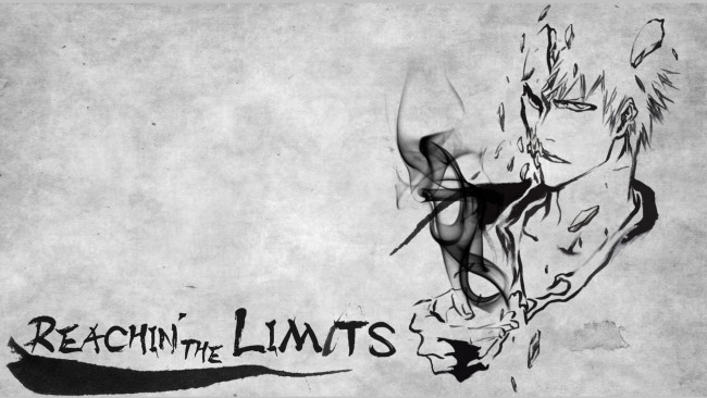 Обои картинки фото аниме, bleach, блич, арт, черно-белый, дым, лицо, осколки, рука, надпись, взгляд, ичиго, куросаки