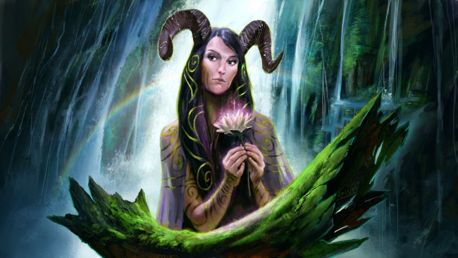 Обои картинки фото фэнтези, существа, радуга, фантастика, водопад, цветок, магия, лес, дух, арт
