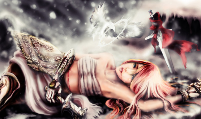 Обои картинки фото фэнтези, девушки, розовые, кровь, взгляд, девушка, волосы