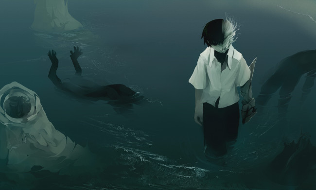 Обои картинки фото аниме, mononoke, арт, empty, парень, маска, вода, руки