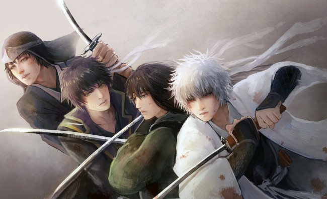 Обои картинки фото аниме, gintama, мужчины, самураи, sakata, gintoki, shiroyasha, takasugi, shinsuke, katsura, kotaro, tatsuma, sakamoto, кровь, красные, глаза, мечи