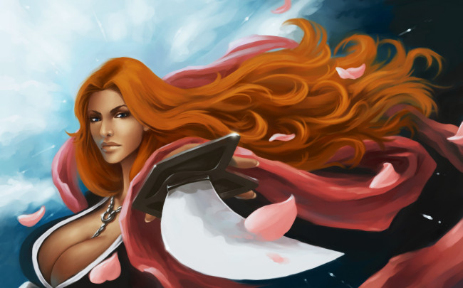 Обои картинки фото аниме, bleach, 10, отряд, лейтенант, лепестки, грудь, ночь, занпакто, рыжая, девушка, арт, блич, волосы