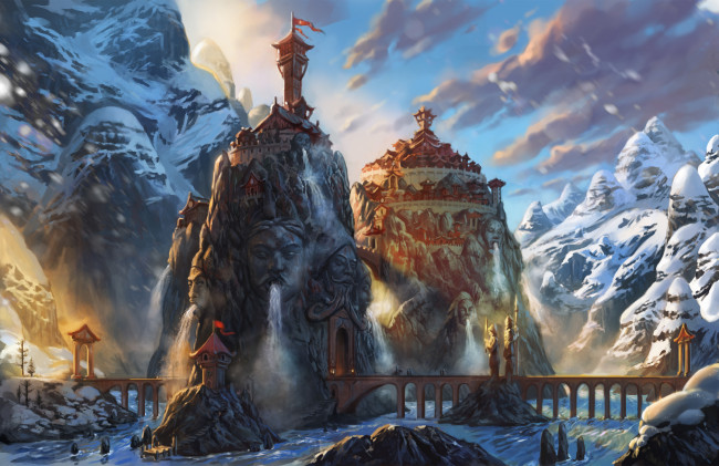 Обои картинки фото фэнтези, иные миры,  иные времена, мосты, горы, башни, мир, иной