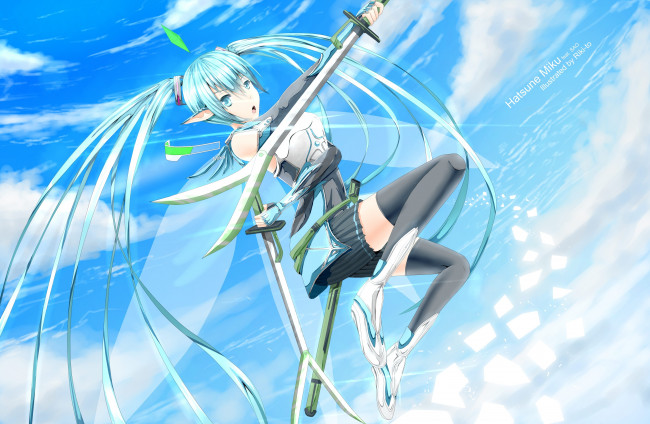 Обои картинки фото vocaloid, аниме, sword, art, online, ножны, мечи, доспех, форма, полёт, крылья, взгляд, девушка, hatsune, miku, riki-to, cross-over, кроссовер, облака, небо, оружие