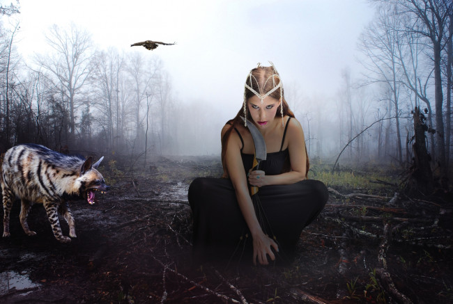 Обои картинки фото фэнтези, фотоарт, нож, девушка, гиена