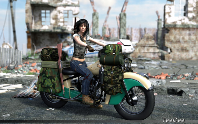 Обои картинки фото мотоциклы, 3d, ружье, мотоцикл, фон, взгляд, девушка
