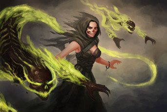 Картинка фэнтези нежить by draktvin зеленое пламя духи колдунья черепа некромант девушка necrogirl fantasy рисунок арт art