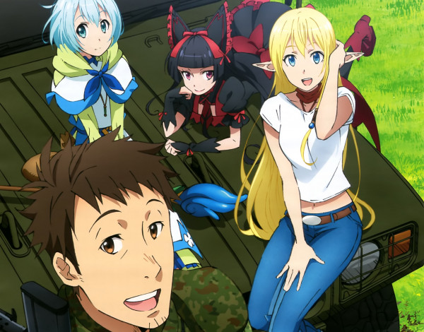 Обои картинки фото аниме, gate, машина, девушки, солдат, итами