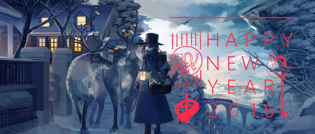 Обои картинки фото аниме, зима,  новый год,  рождество, арт, олени, девушка, новый, год, ukai, saki, рождество