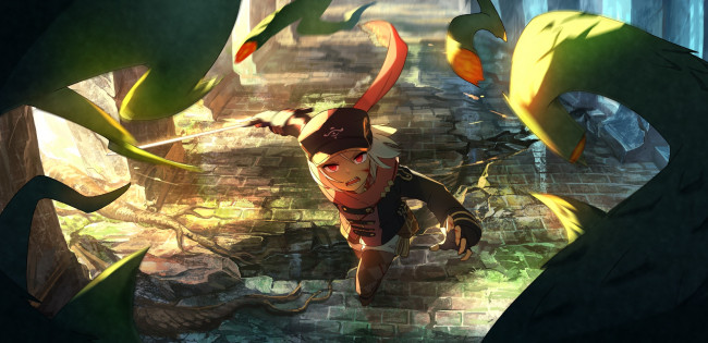 Обои картинки фото аниме, unknown,  другое, арт, тентакли, парень, меч