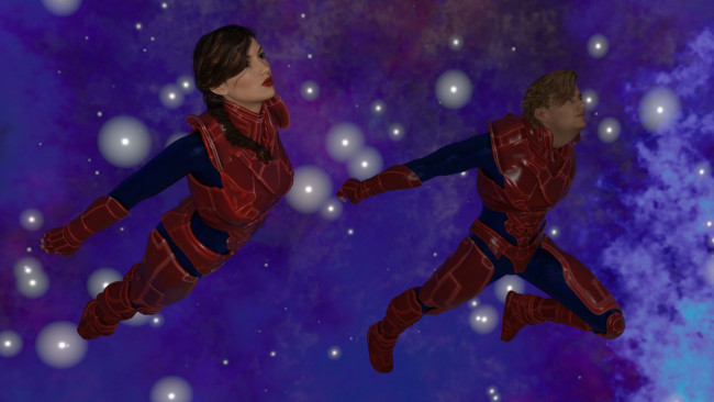 Обои картинки фото 3д графика, фантазия , fantasy, девушка, взгляд, фон, парень, полет, космос, звезды