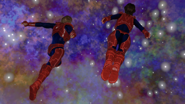 Обои картинки фото 3д графика, фантазия , fantasy, девушка, взгляд, фон, парень, полет, космос, звезды