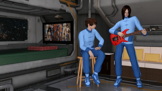 Обои картинки фото 3д графика, фантазия , fantasy, гитара, интерьер, парень, фон, взгляд, девушка