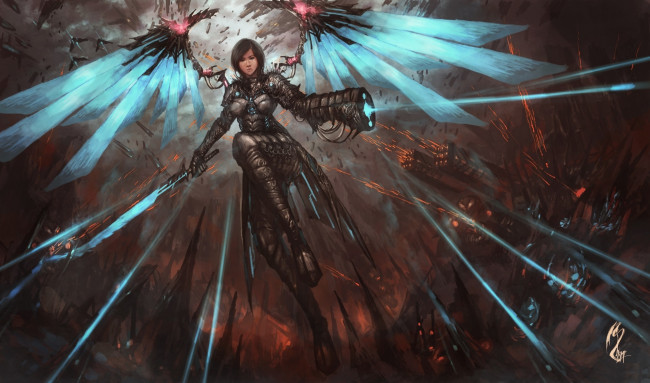 Обои картинки фото фэнтези, демоны, арт, фантастика, оружие, демоница, крылья, девушка