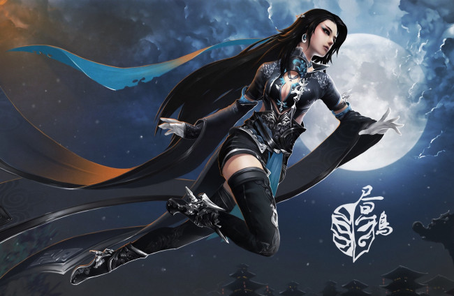 Обои картинки фото видео игры, jx online 3, луна, девушка, jx, online, 3, прыжок, ночь, monkey, buonarroti, арт